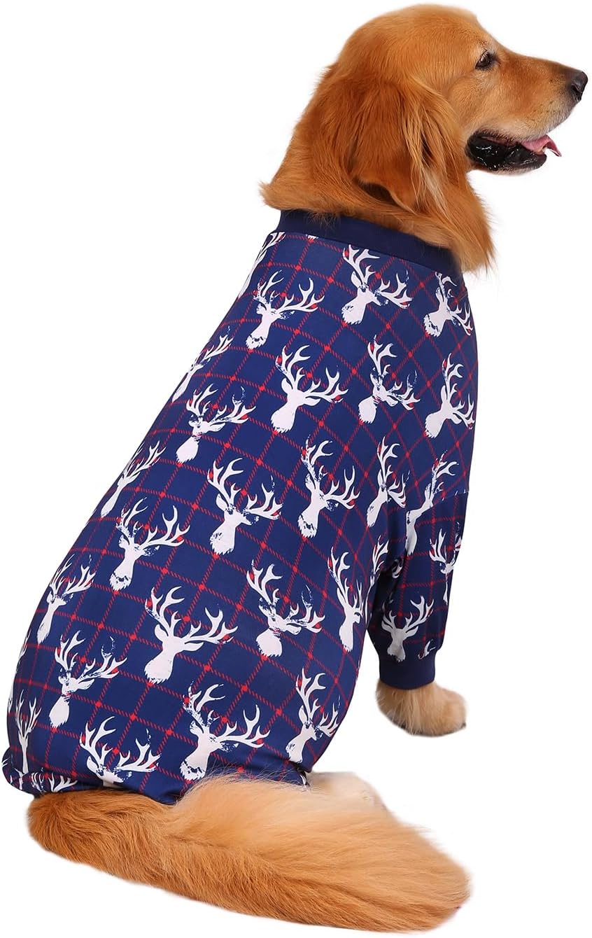 HDE Dog Pajamas One Piece Jammies Jumpsuit Pet Clothes Outfit Stretchy Lightweight Comfy Shirt Pjs for M-3XL Dogs Reindeer - M