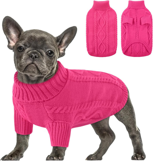Queenmore Small Dog Pullover Sweater, Cold Weather Cable Knitwear, Classic Turtleneck Thick Warm Clothes for Chihuahua, Bulldog, Dachshund, Pug (Fuchsia, X-Large)