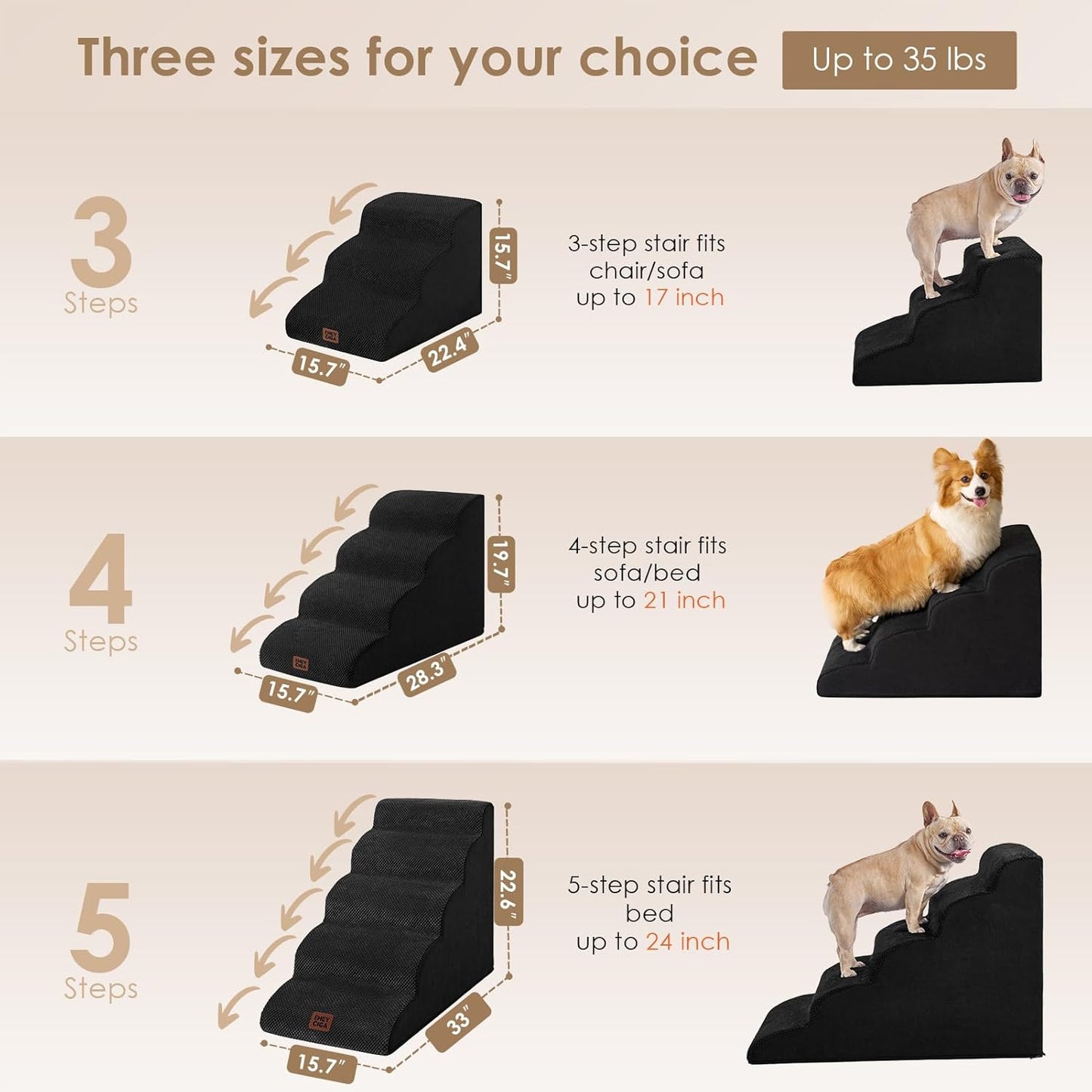 EHEYCIGA Curved Dog Stairs Ramp for High Beds 22.6" H, 5-Step Dog Steps for Small Dogs and Cats, Pet Stairs for High Bed Climbing, Non-Slip Balanced Pet Step Indoor, Black