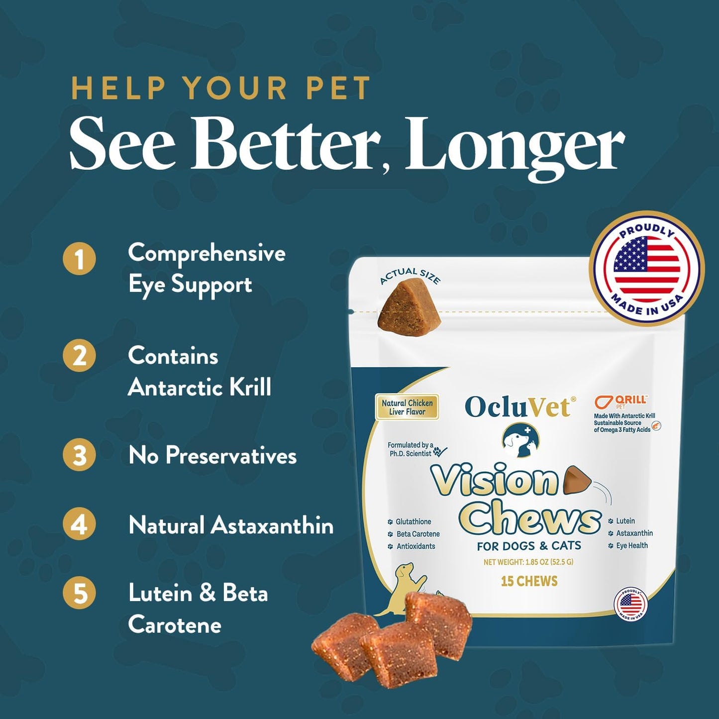 Vision Chews Eye Supplements for Dogs & Cats, Natural Chicken Flavor, Contains Omega 3, Lutein, Antioxidants, & More, Cat & Dog Eye Supplements, No Preservatives, Made in USA, 1 Bag, 15 Chews