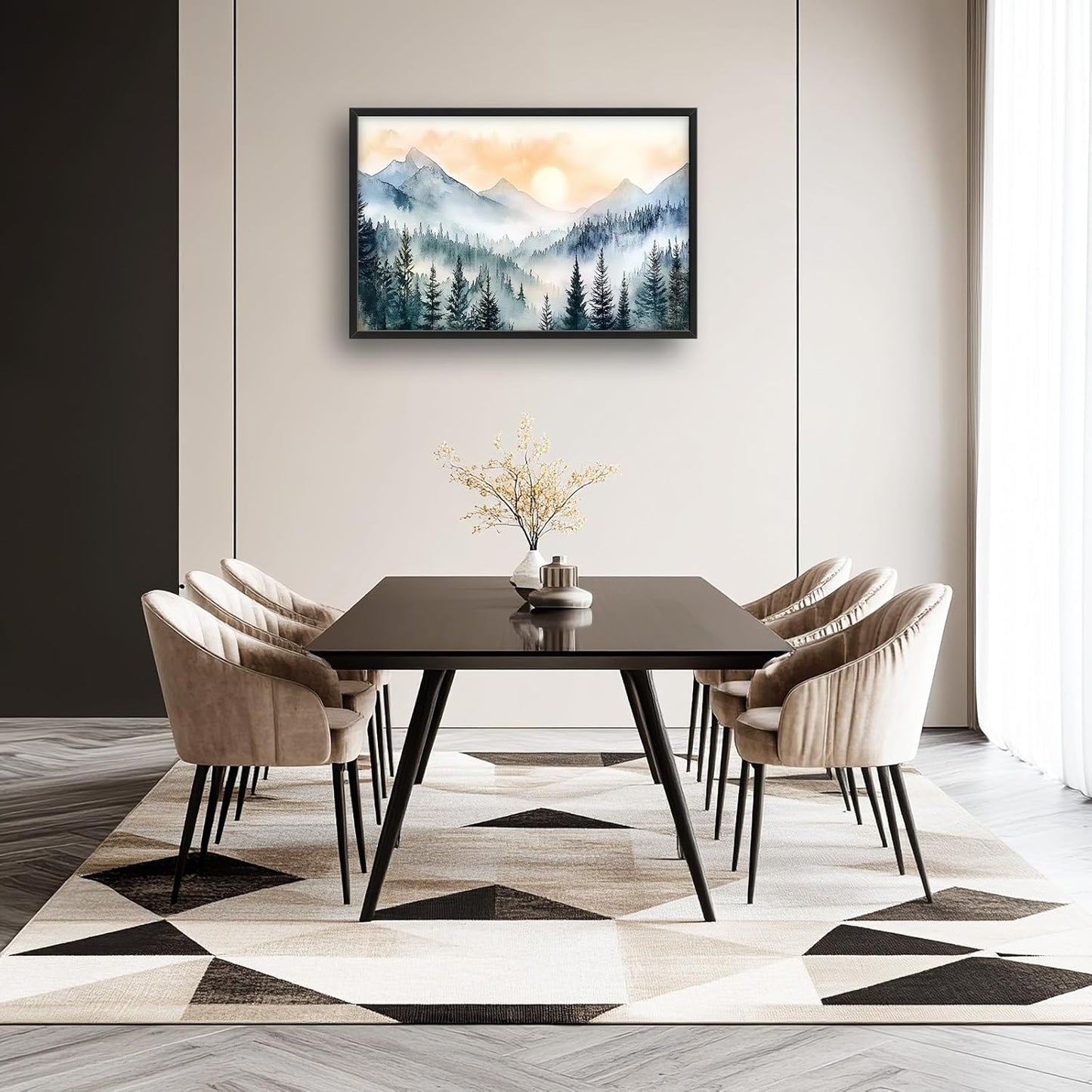 Large Misty Mountain Forest Wall Art for Living Room, Framed Foggy Sunrise Landscape Wall Decor Oversized Watercolor Canvas Painting Modern Artwork Home Decoration for Bedroom Office 36"x24"