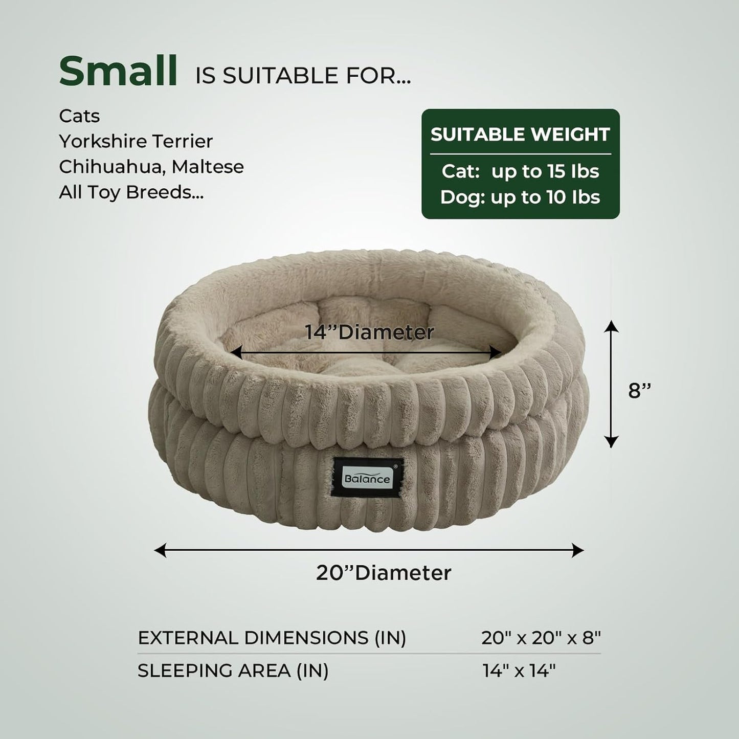 BALANCE Cat Bed Kitten Bed, Washable Round Cat Beds for Indoor Cats,Super Soft Plush Faux Fur Pet Bed for Puppy and Kitten with Anti-Slip Bottom