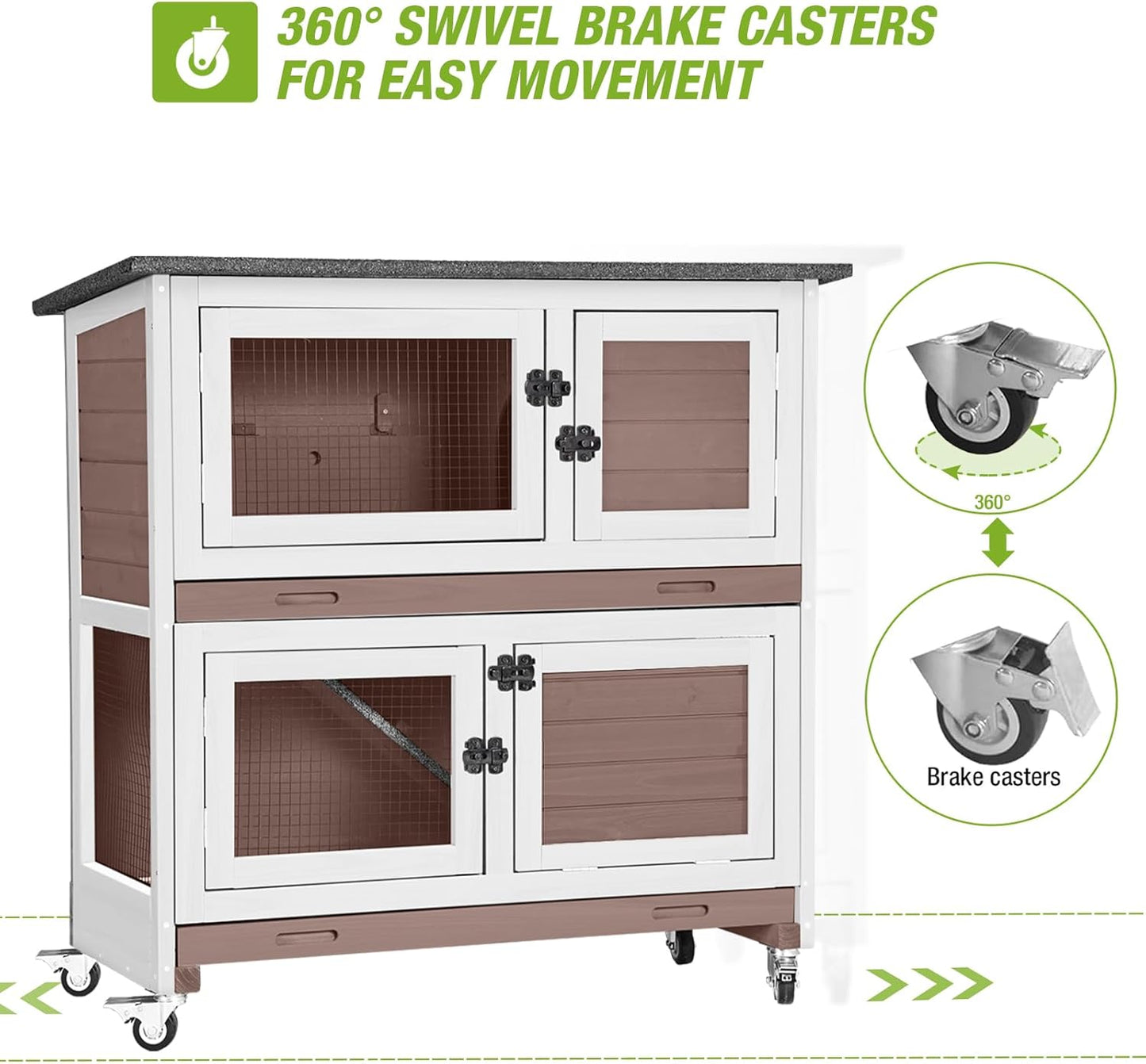 2-Story Rabbit Hutch Indoor Bunny Cage Wooden Guinea Pig House with Chew-Proof Ramp, Leakproof Slide-Out Trays, Lockable Caster Wheels for 1-3 Rabbits (Brown)