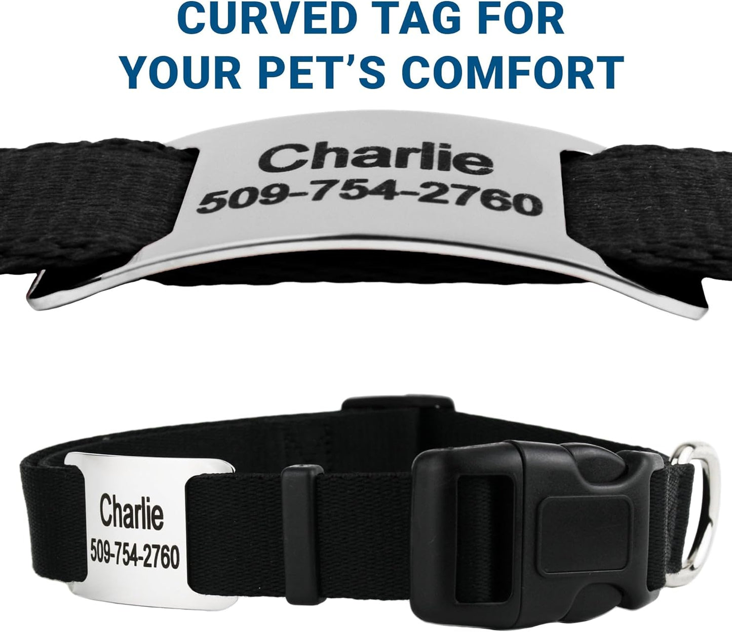 GoTags Reflective Personalized Dog Collar with Nameplate, Adjustable Dog Collar with Custom Engraved Steel Slide On Pet ID Tag, Silent, No Noise Dog Tag for Large Medium or Small (Light Blue, Large)