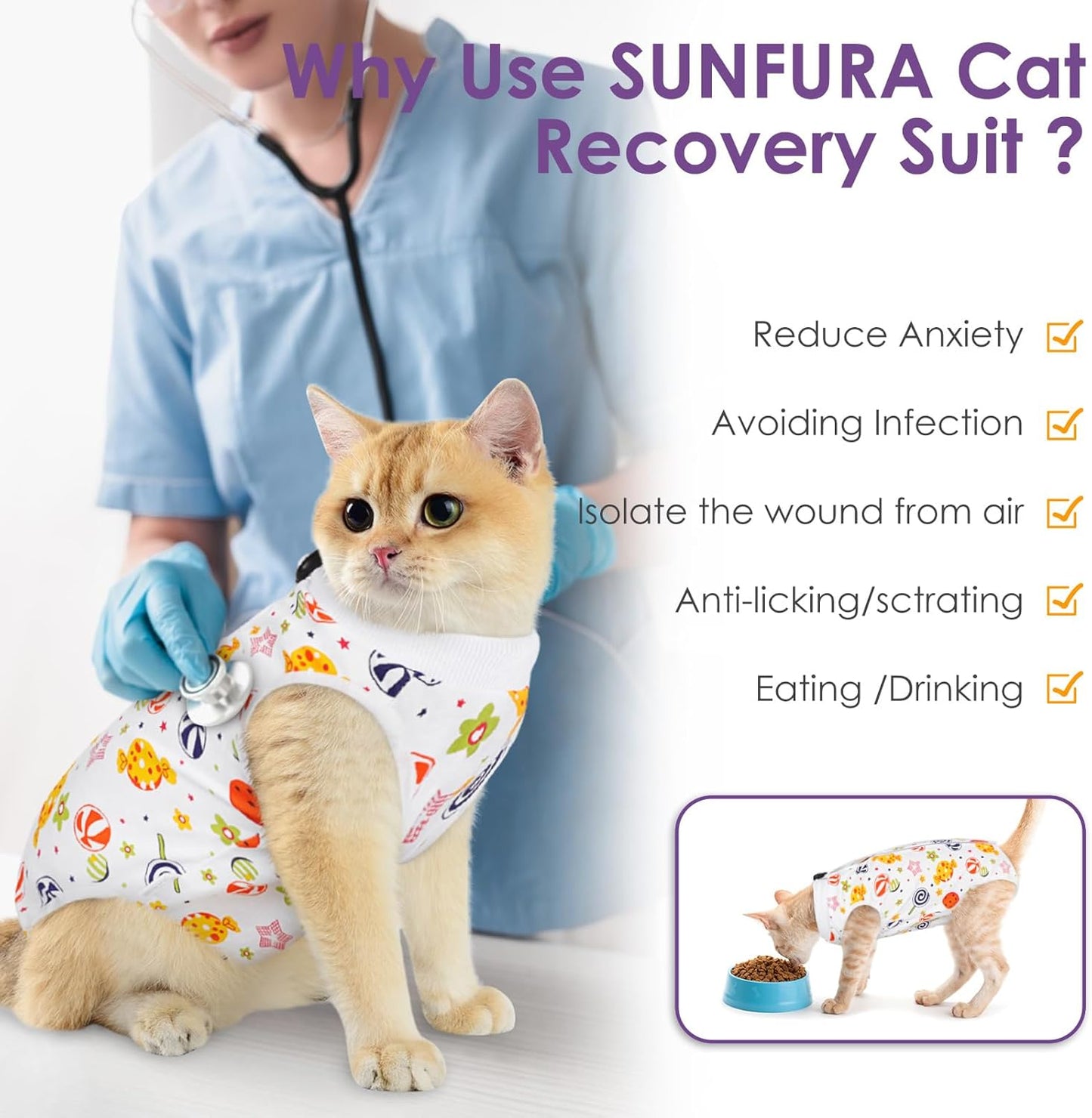 SUNFURA Cat Recovery Suit, Kitten Surgical Full Bodysuit for Abdominal Wound Protector Anti Licking After Surgery, Professional Bandages Cone E-Collar Alternative for Small Male & Female Pets