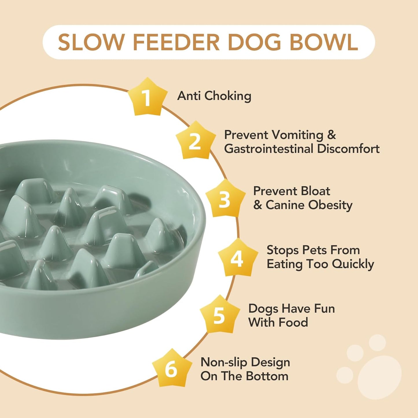Ceramic 9.5 inch Dog Bowl Slow Feeder, Slow Pet Food Dish for Large Dog, Stop Bloat, Preventing Choking(Single Bowl,Light Green)