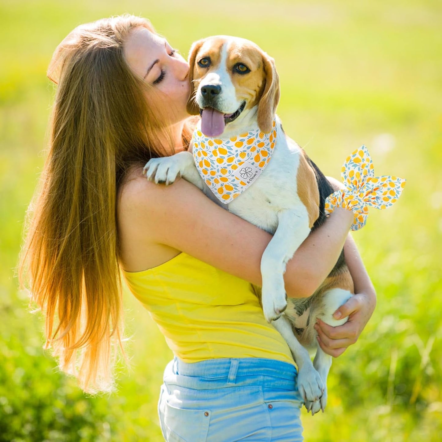 E-Clover Yellow Floral Dog Bandanas & Matching Scrunchie Set Summer Cute Dog Scarf Bibs Pet Bandana with Bow Tie for Small Dogs Puppy Owner Mom Spring