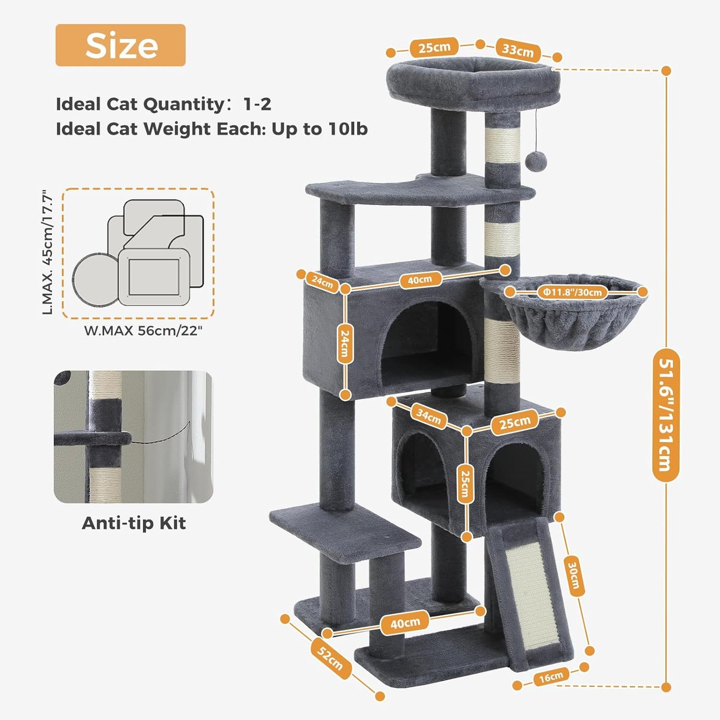 PAWZ Road Cat Tree, 51.6 Inches Cat Tower with Dual Condos, Spacious Perch, Cozy Basket and Sisal-Covered Scratching Posts for Indoor Cats- Dark Gray