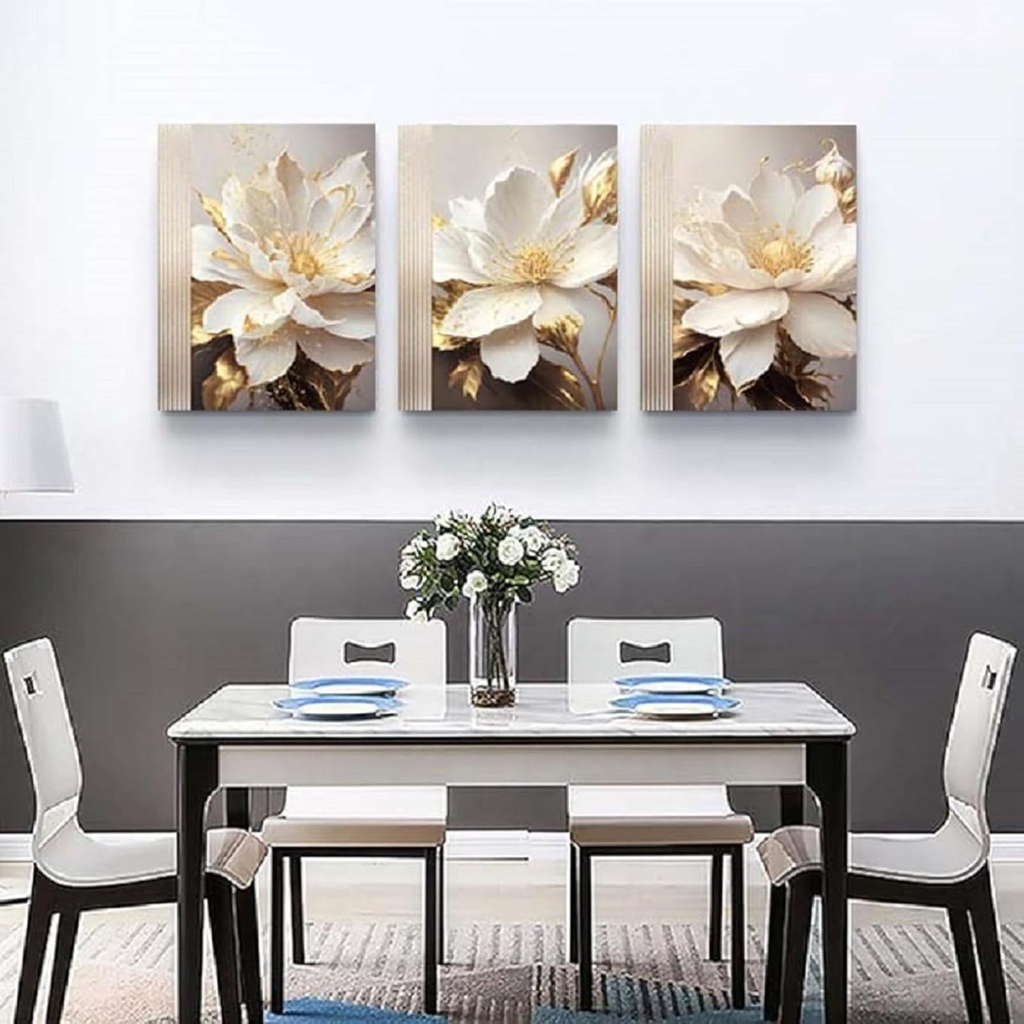 Yxbhhym Bathroom Wall Art White Flower Canvas Wall Art for Living Room Bedroom Wall Decor Floral Picture for Kitchen Hallway Home Decorations Framed Posters Prints 3 Piece