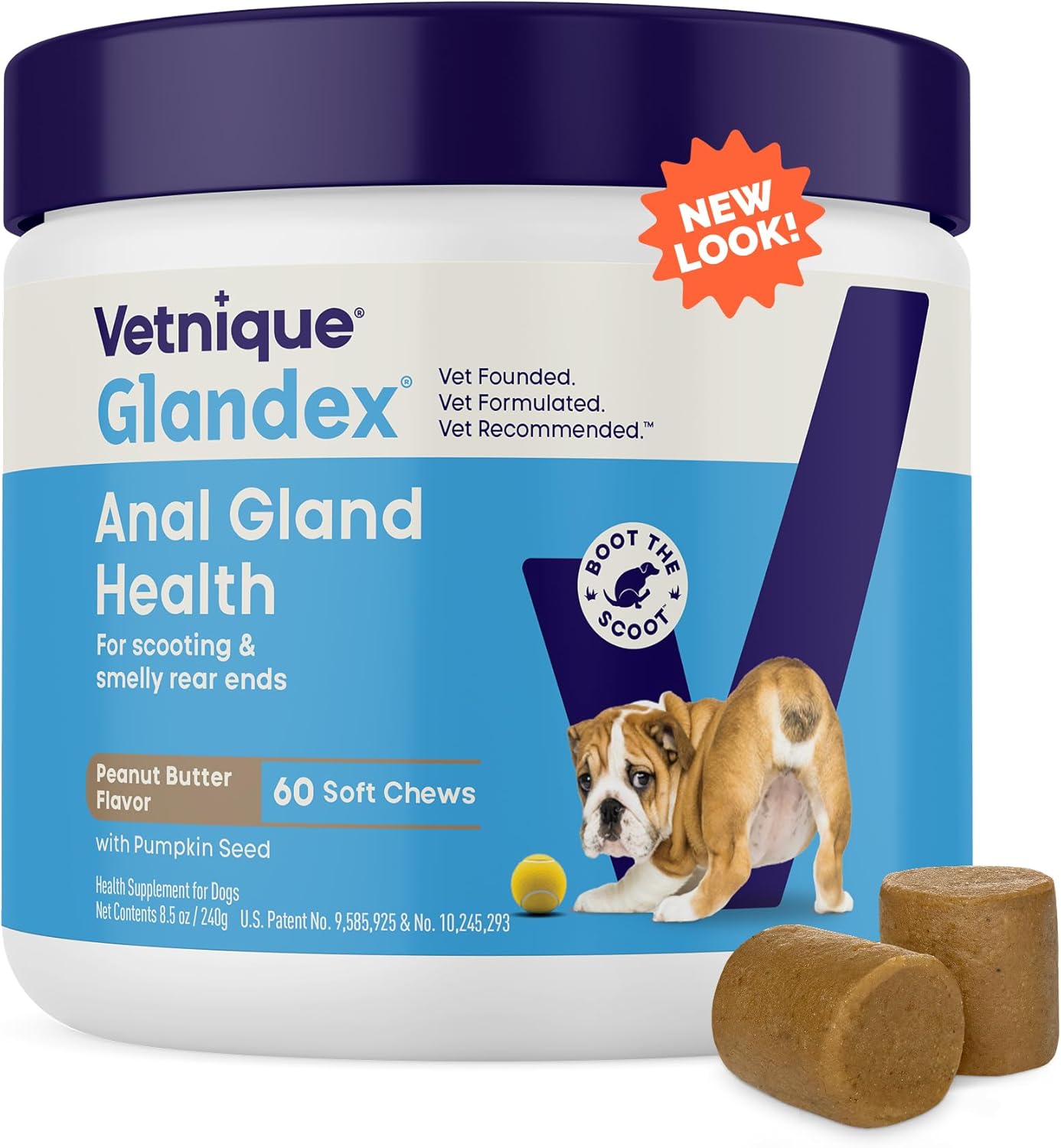 Vetnique Glandex Anal Gland Soft Chew Treats with Pumpkin for Dogs Digestive Enzymes, Probiotics Fiber Supplement for Dogs Boot The Scoot (Peanut Butter Chews, 60 Count)