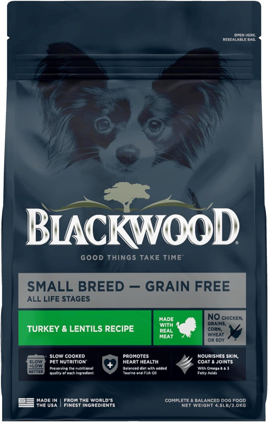 Blackwood Grain Free Small Breed Dry Dog Food, Turkey & Lentils Recipe, 4.5 Pound Bag for All Life Stages, Slow Cooked with Taurine and Fish Oil to Promote Heart Health