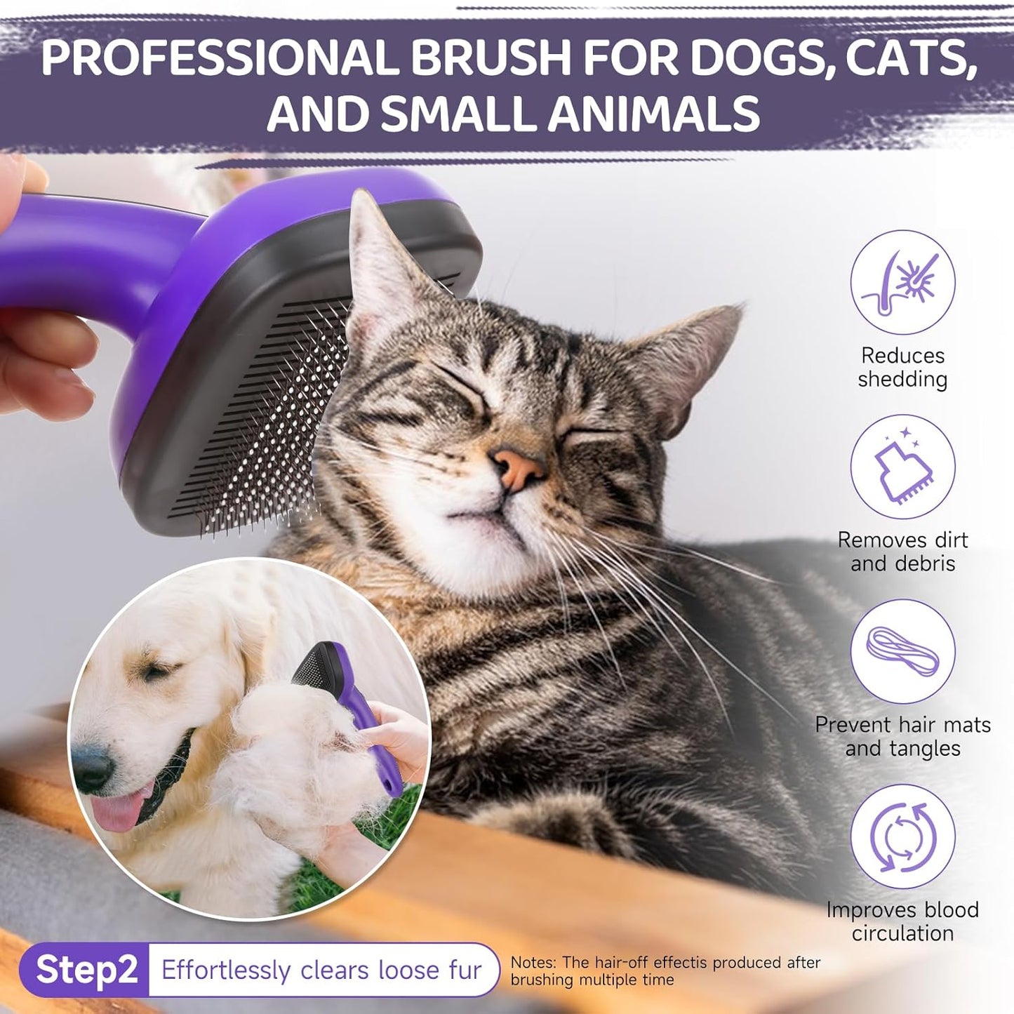 Dog Brush Kit – 3 PCS Grooming Set with Self-Cleaning Brush, Undercoat Rake & Pet Bath Brush. Great for Shedding, Tangles & Dirt Removal – Ideal for Long & Short Haired Dogs & Cats, Purple