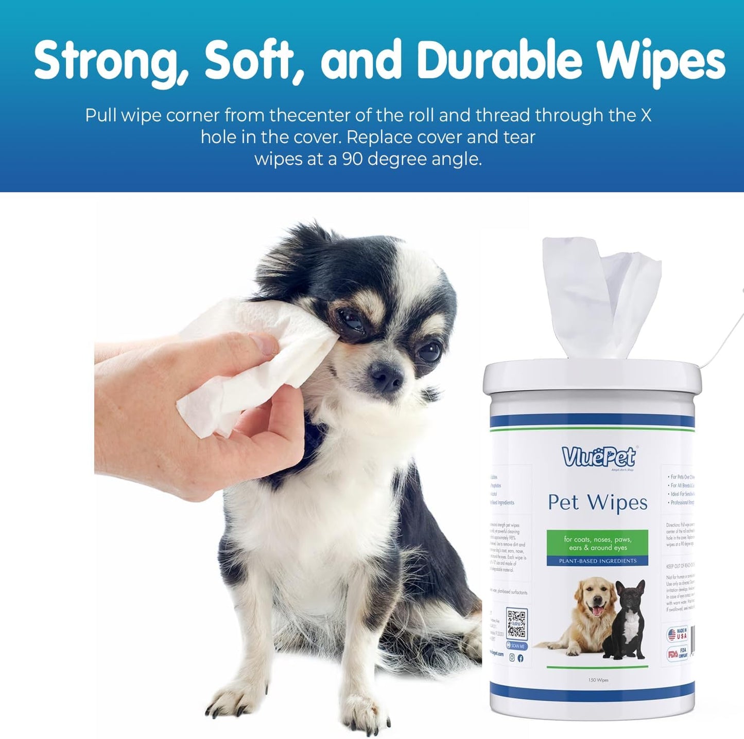VLUEPET - Pet Wipes for Dogs & Cats | Biodegradable, Natural & Unscented Grooming Wipes for Paws, Coat, Ears, Eyes & Rear | Soft, Durable & Safe for Daily Cleaning, Fragrance-Free | 150 Count