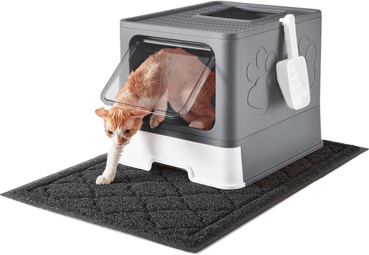Cat Litter Box with X-Large Litter Mat and Scoop, Large Foldable Litter Box with Lid, Enclosed Kitty Box,Front Top Entry Exit, Odor Control Easy to Clean (Upgrade Dark Grey)