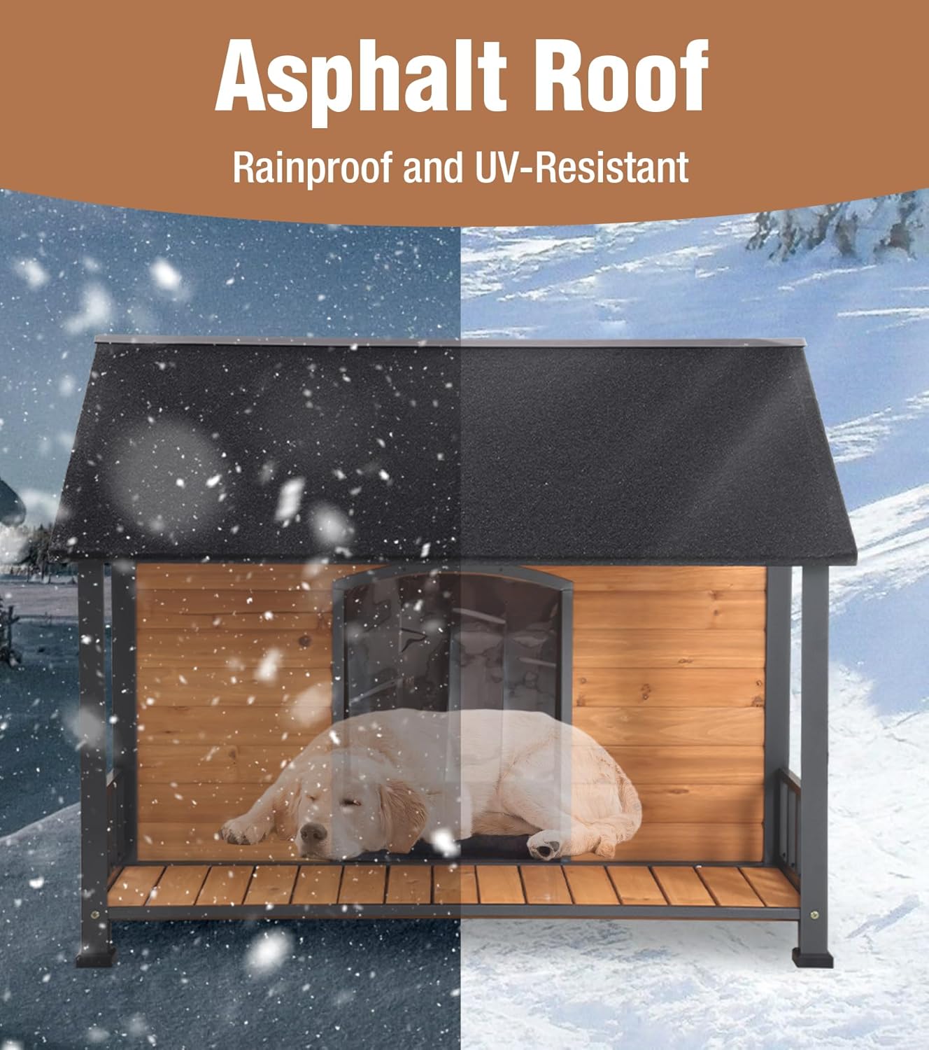 Extra Large Dog House Outdoor for Large Dogs, Insulated Dog House with Metal Frame, Waterproof Dog Shelter with Asphalt Roof, PVC Curtain & Multifunctional Patio, Indoor Outdoor Use