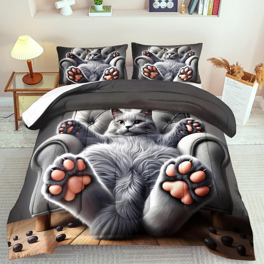 Cute Cat Comforter Set Queen,Grey Kawaii Cat Bedding Set Adult,Cute Animal Comforter for Boy,American Shorthair Bedding Grey,Kawaii Animal Print Quilt Bedroom Decor Kids