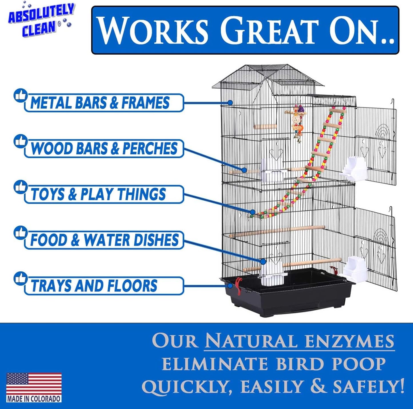 Absolutely Clean Amazing Bird Cage Cleaner and Deodorizer - Just Spray/Wipe - Safely & Easily Removes Bird Messes Quickly and Easily - Made in The US - Fragrance Free (32oz Pack of 1)