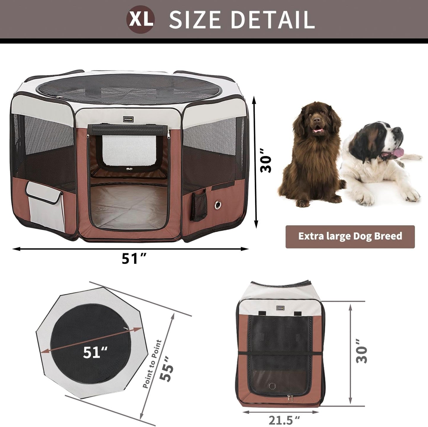 DONORO Dog Playpen 55" Portable Pet Play Pens for Medium Large Dogs, Foldable Exercise Kennel Tent Crate Indoor/Outdoor Travel Camping, Removable Top/Bottom (55"x55"x30"), 8