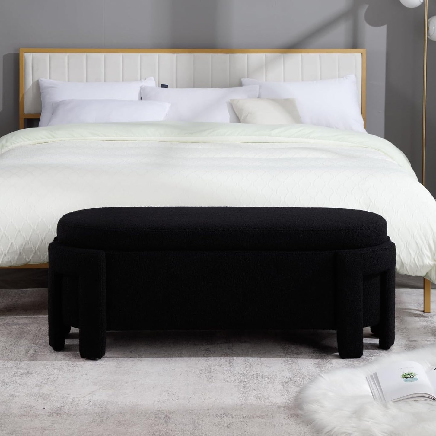 Modern Upholstered Storage Bench, Sherpa Fabric 50" Long Entryway Bench with Storage and Seating, Comfy Cute Ottoman Bench for Living Room/End of Bed/Hallway, Black