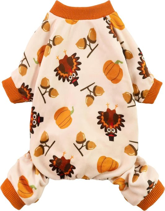 Fitwarm Thanksgiving Turkey Dog Pajamas, Funny Dog Winter Clothes for Small Dogs Girl Boy, Pet Jumpsuit, Cat Onesie with Feet, Lightweight Velvet, Orange, XS