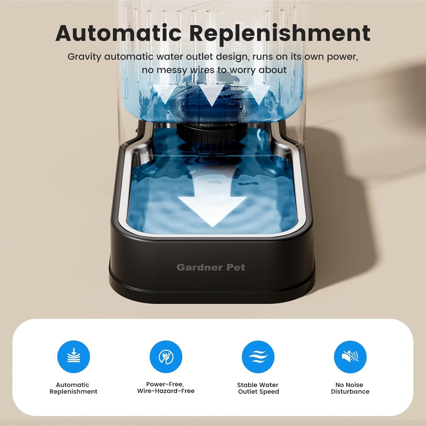 Gardner Pet Automatic Dog Water Dispenser Gravity Waterer with Stainless Steel Bowl Water Dispenser 8.5L Large Capacity Water Feeder for Dogs Cats Pets, BPA-Free Noise-Free (Black, 8.5L)