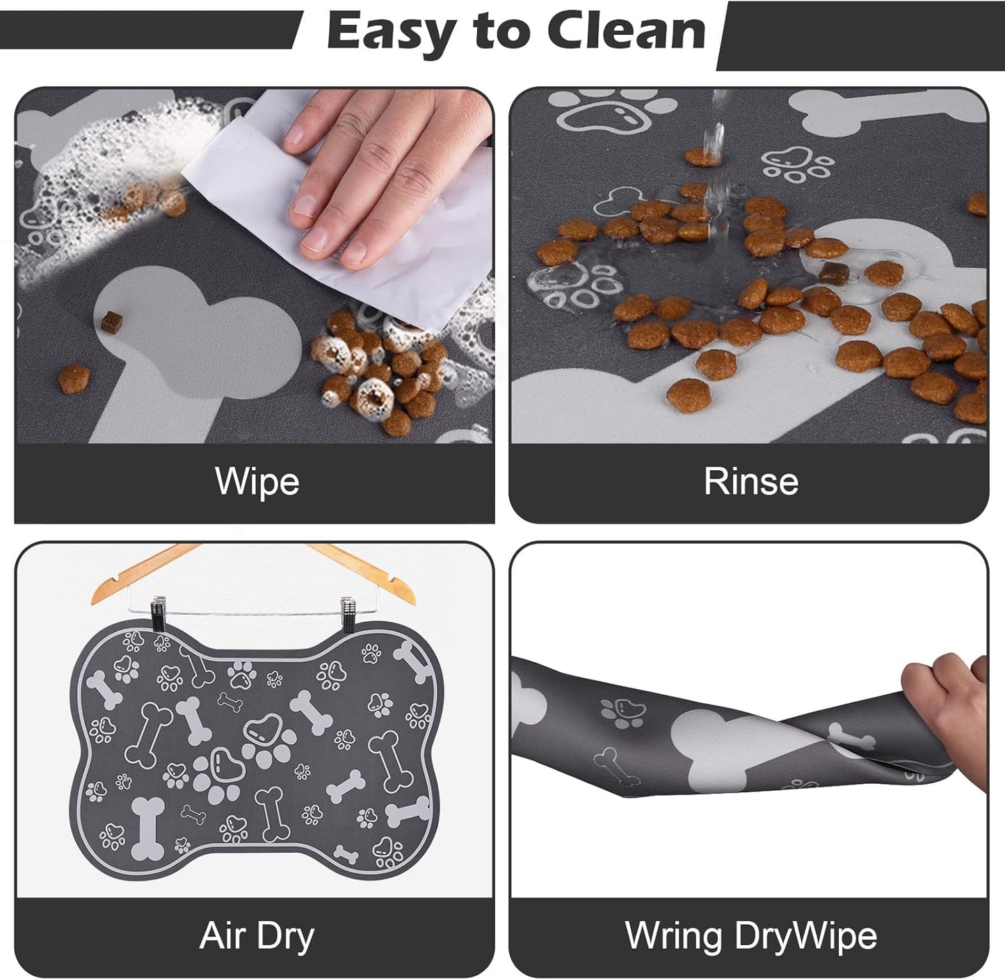 Dog Cat Food Mat,Rapid Absorbent Pet Feeding Mat, Bone Shaped Dog Placemat Water Bowl Mat with Rubber Backing,No Stains Dog Cat Food Mats Indoor, Pet Accessories Supplies 12"x18" Dark Grey