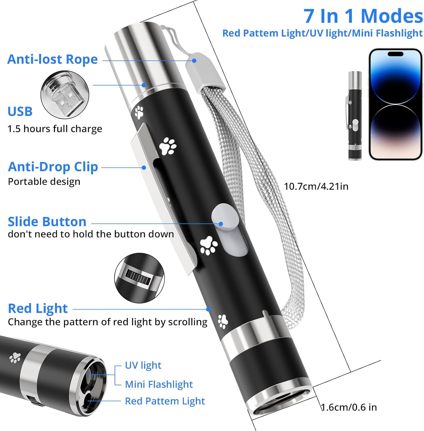 Cat Toys, USB Rechargeable Interactive Cat Mouse Toys, 3 Light Modes & 5 Adjustable Patterns, Portable Kitten Toy for Indoor Cats & Dogs, Training & Exercise Fun