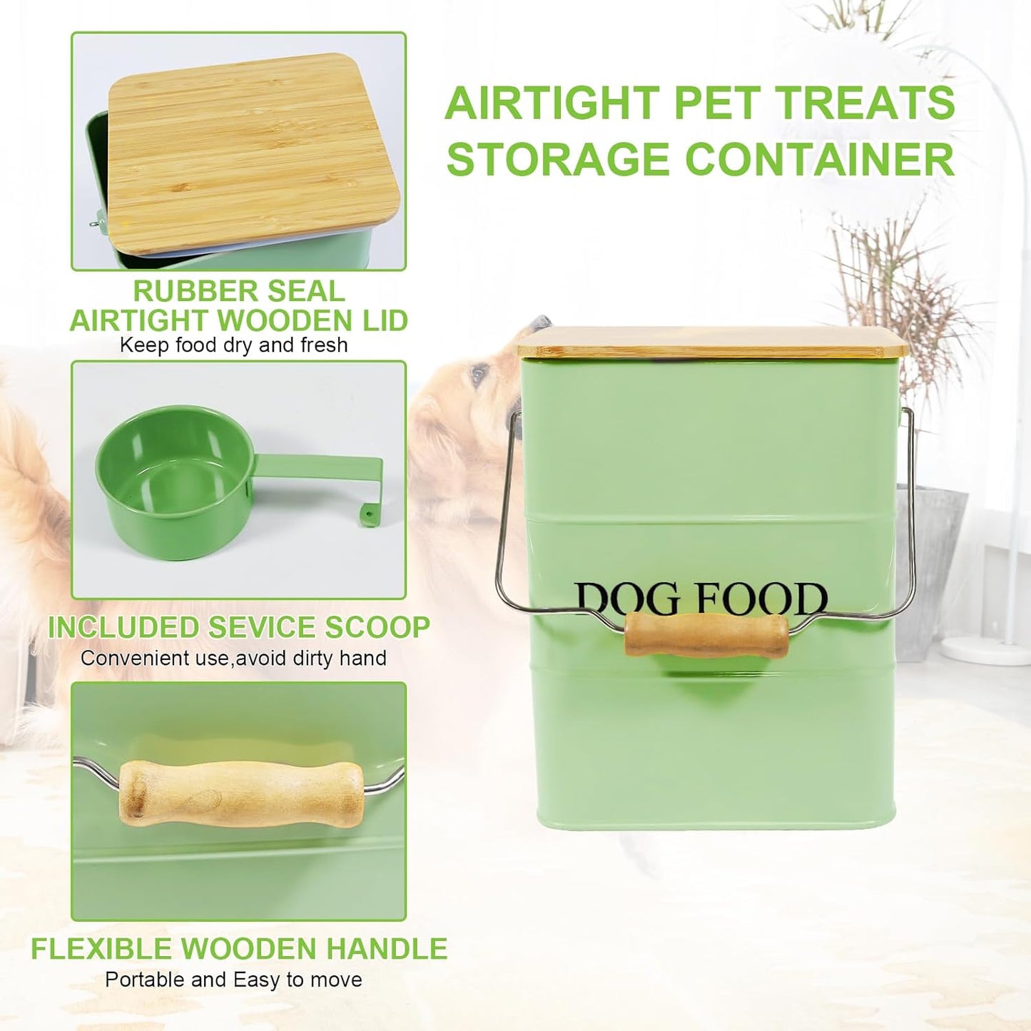 Dog Food storage container Dog Treats Jar,5~6 lb Metal food treats tin for Dog, pet snacks Canisters with wooden lid/handle/sevice scoop-Green