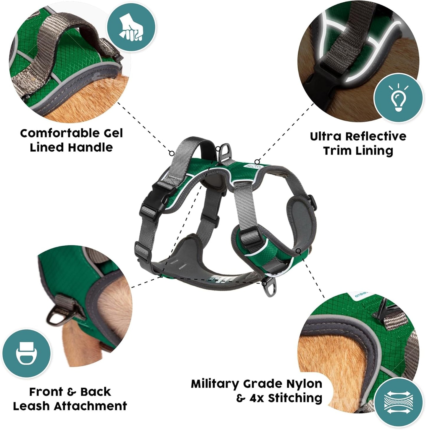 Embark Adventure Dog Harness, Reflective Trim No Pull Dog Harness for Large Dogs - Military Grade Nylon, Front Clip with Gel Lined Handle.