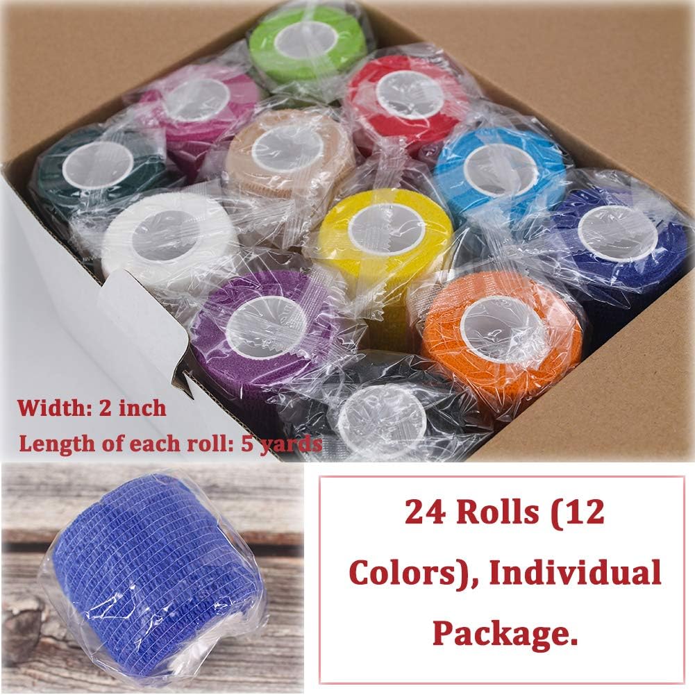 24 Pack Breathable Self Adherent Wrap, Athletic Elastic Non Woven Cohesive Bandage for Sports, First Aid Medical, Wrist, Ankle Sprains, Swelling and Vet Wrap 2 Inch 5 Yards (Rainbow Color).