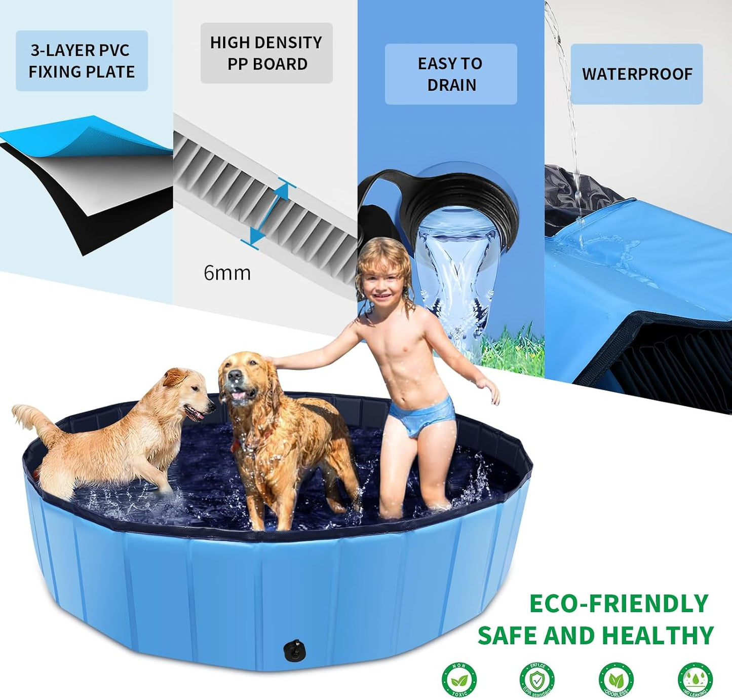 Foldable Dog Pool, 47" x 12" Kiddie Pool with Hard Plastic, Non-Slip Dog Bath Tub for Outdoor Backyard, Collapsible Dog Swimming Pool for Kids Dogs Pets (Blue)