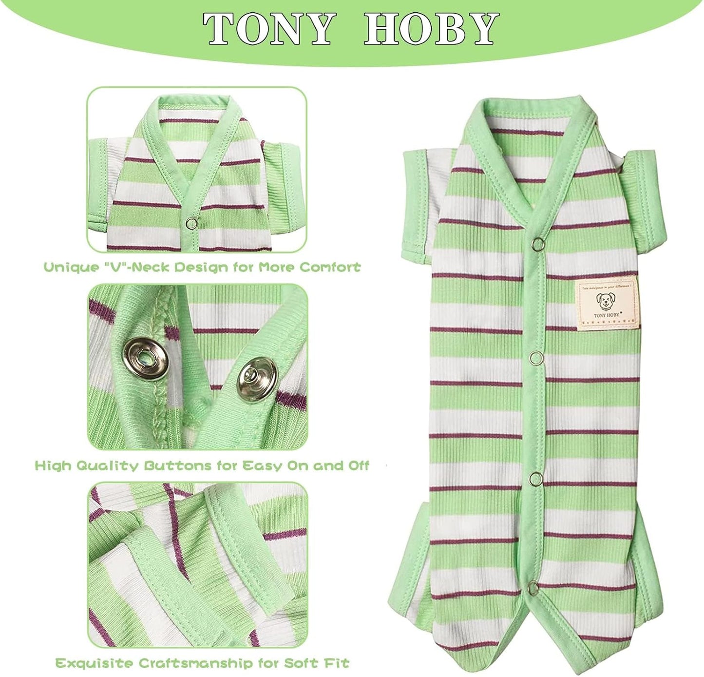 TONY HOBY Dog Pajamas, Male Dog Jumpsuit with Green Stripe, Dogs Clothes for Small Medium Size Dogs (Green&White, Boy, S)