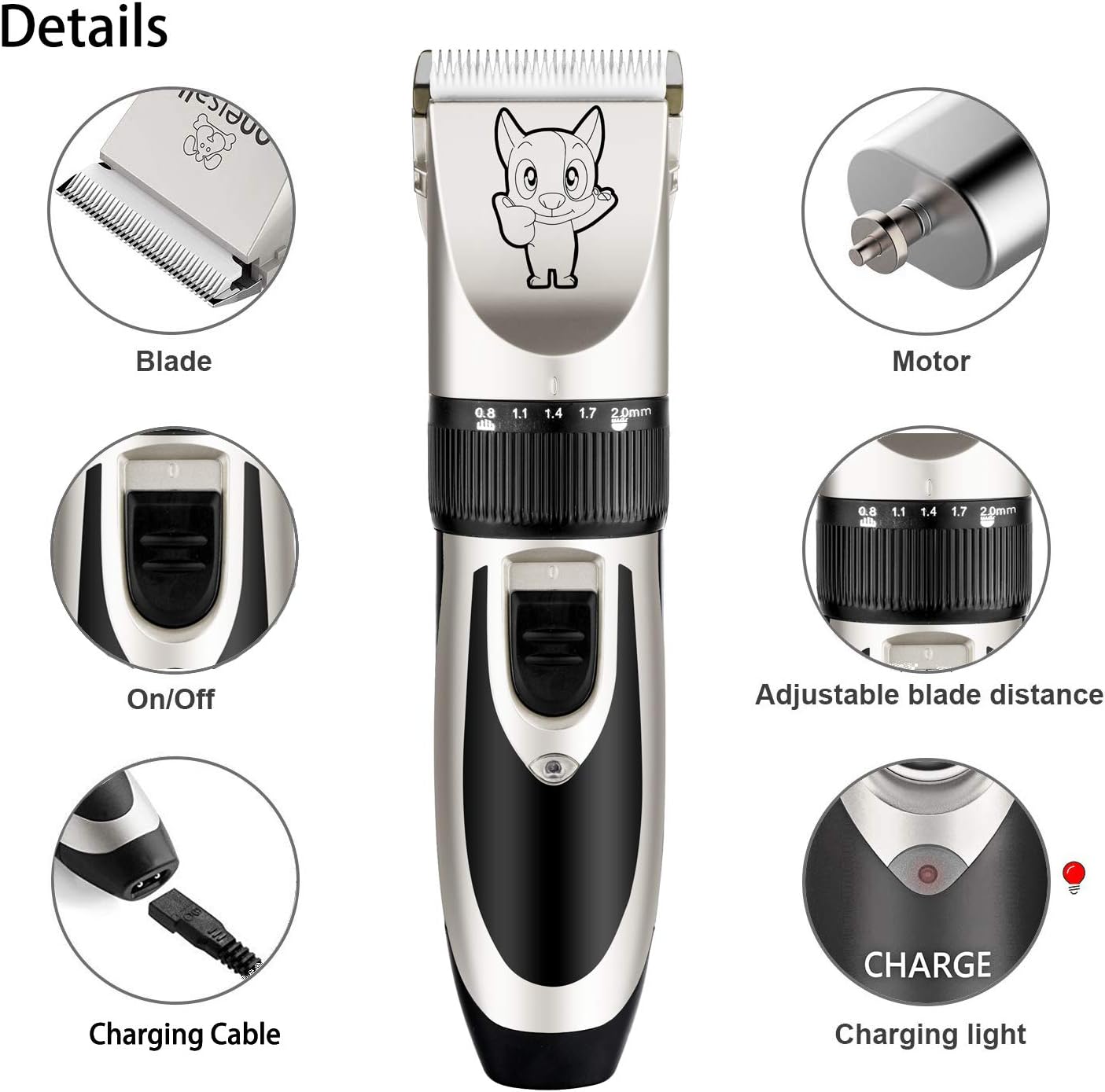Dog Grooming Kit Clippers, Low Noise, Electric Quiet, Rechargeable, Cordless, Pet Hair Thick Coats Clippers Trimmers Set, Suitable for Dogs, Cats, and Other Pets (Silver)