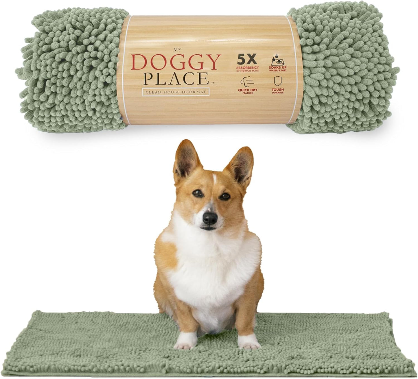 My Doggy Place Microfiber Dog Mat for Muddy Paws, 31" x 20" Sage - Absorbent and Quick-Drying Dog Paw Cleaning Mat, Washer and Dryer Safe - Non-Slip Rubber Backed Dog Floor Mat, Medium