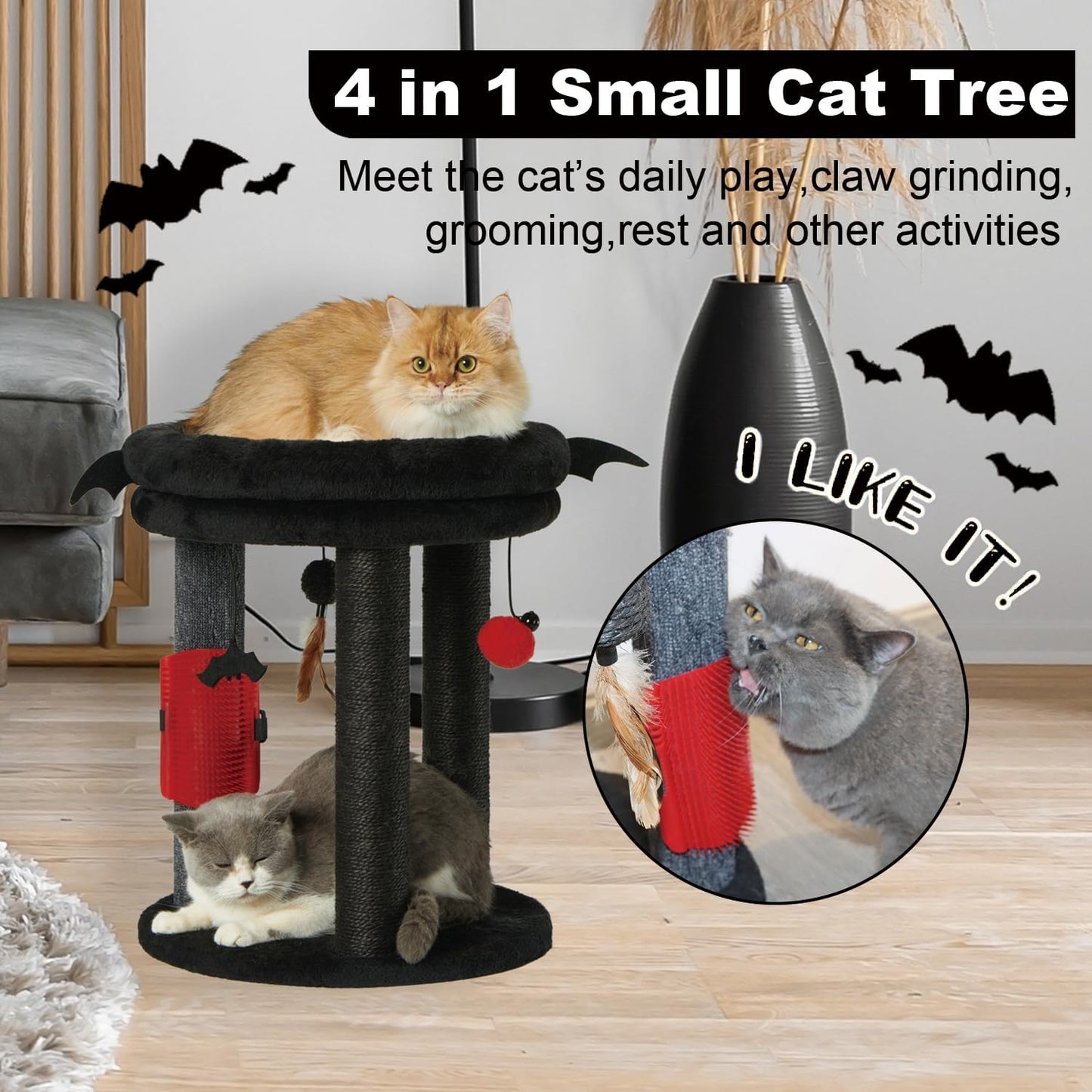 MECOOL 4in1 Small Cat Tree,Scratching Post with Tower Soft Bed, Sisal Carpet Jute Posts with Three Hanging Ball Toys and Massage Brush for Indoor Cats and Kittens