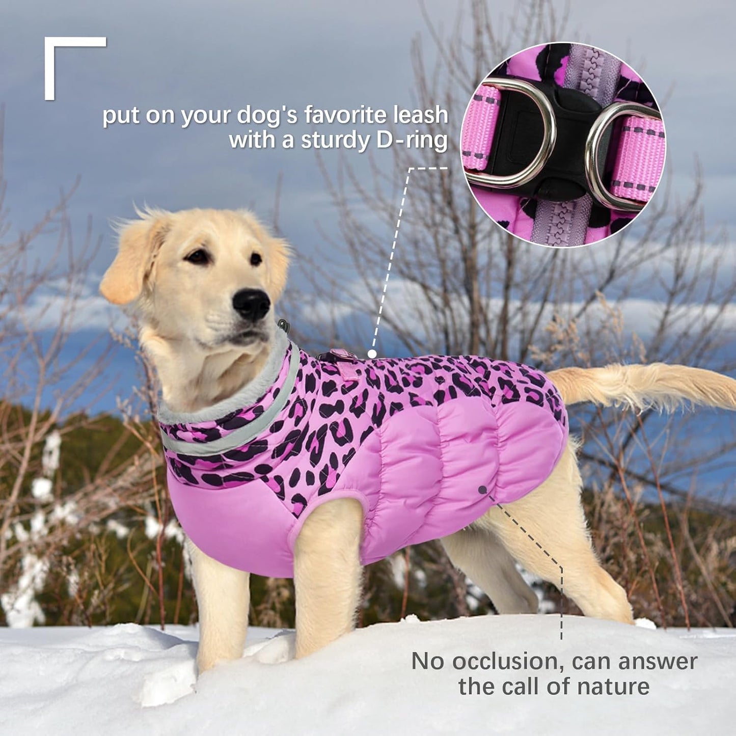 FUAMEY Dog Coat for Small Dogs,Waterproof Dog Winter Jacket with Harness Built in Puppy Cold Weather Coats Reflective Pet Vest with Zipper Warm Fleece Dogs Snowsuit Windproof Pink Leopard S