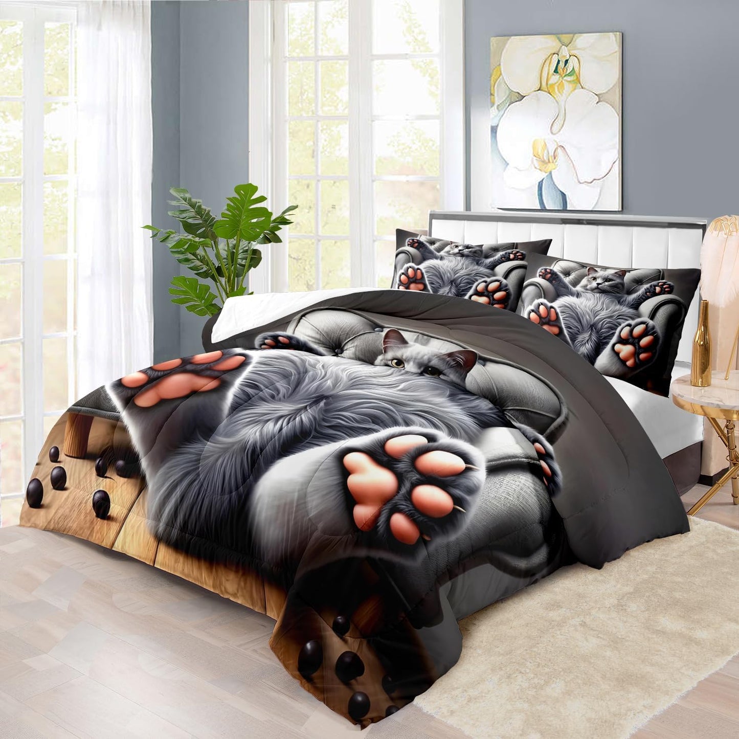 Cute Cat Comforter Set King,Grey Kawaii Cat Bedding Set Adult,Cute Animal Comforter for Boy,American Shorthair Bedding Grey,Kawaii Animal Print Quilt Bedroom Decor Kids