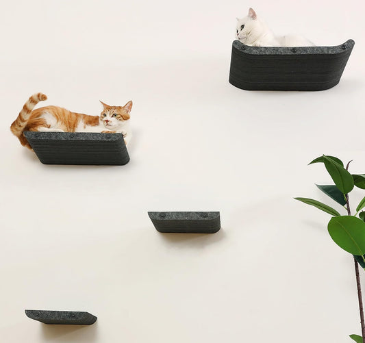 Wall Mounted Cat Shelves and Perches,Scratchable Cat Beds & Furniture for Indoor Cats, Soft PET Felt Feline Climbing Wall Set, Modern Jungle Gym System for Lounging and Sleeping (Set of 4-Grey)