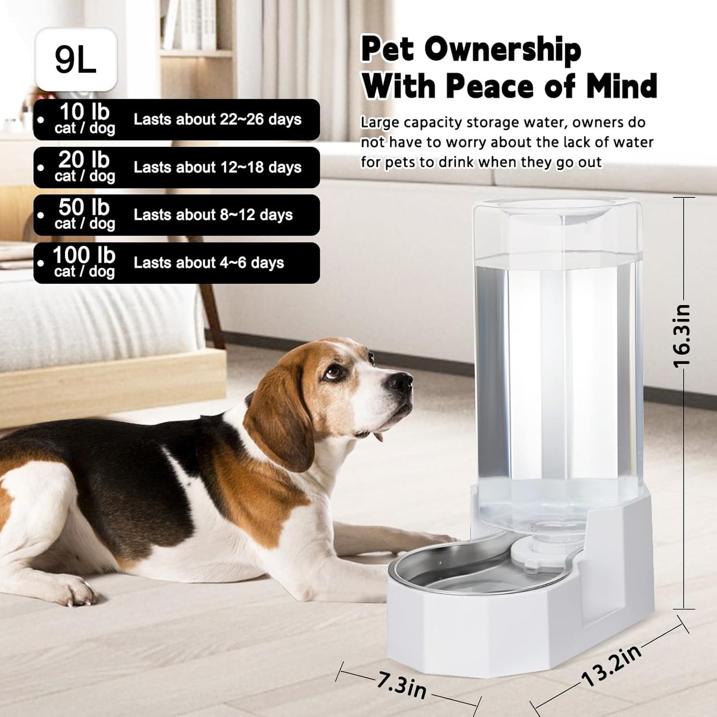 Sfozstra Large Dog Water Dispenser: 9L Automatic White Water Feeder with Stainless Steel Bowl - with Filter - Gravity Design for Multiple Pets Indoor/Outdoor
