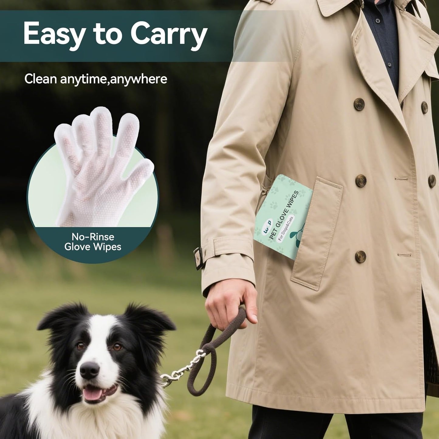 WLP Cleaning and Deodorizing Glove Wipes for Dogs & Cats, Suitable for Sensitive Areas, Safe for Licking, Pet Grooming Bath Wipes. Puppy Essentials. Independent Packaging, Easy to Carry (12 PCS)