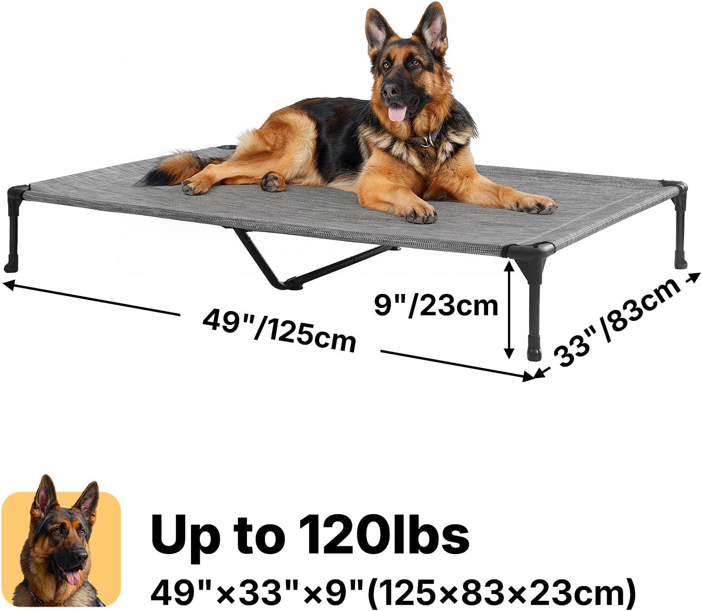 Veehoo Outdoor Elevated Dog Cot Bed, Cooling Raised Pet Bed for X-Large Dog, Washable Breathable Mesh Hammock Bed with No-Slip Feet, Indestructible Ground Off Training Platform Cot-49"x33"Black Silver