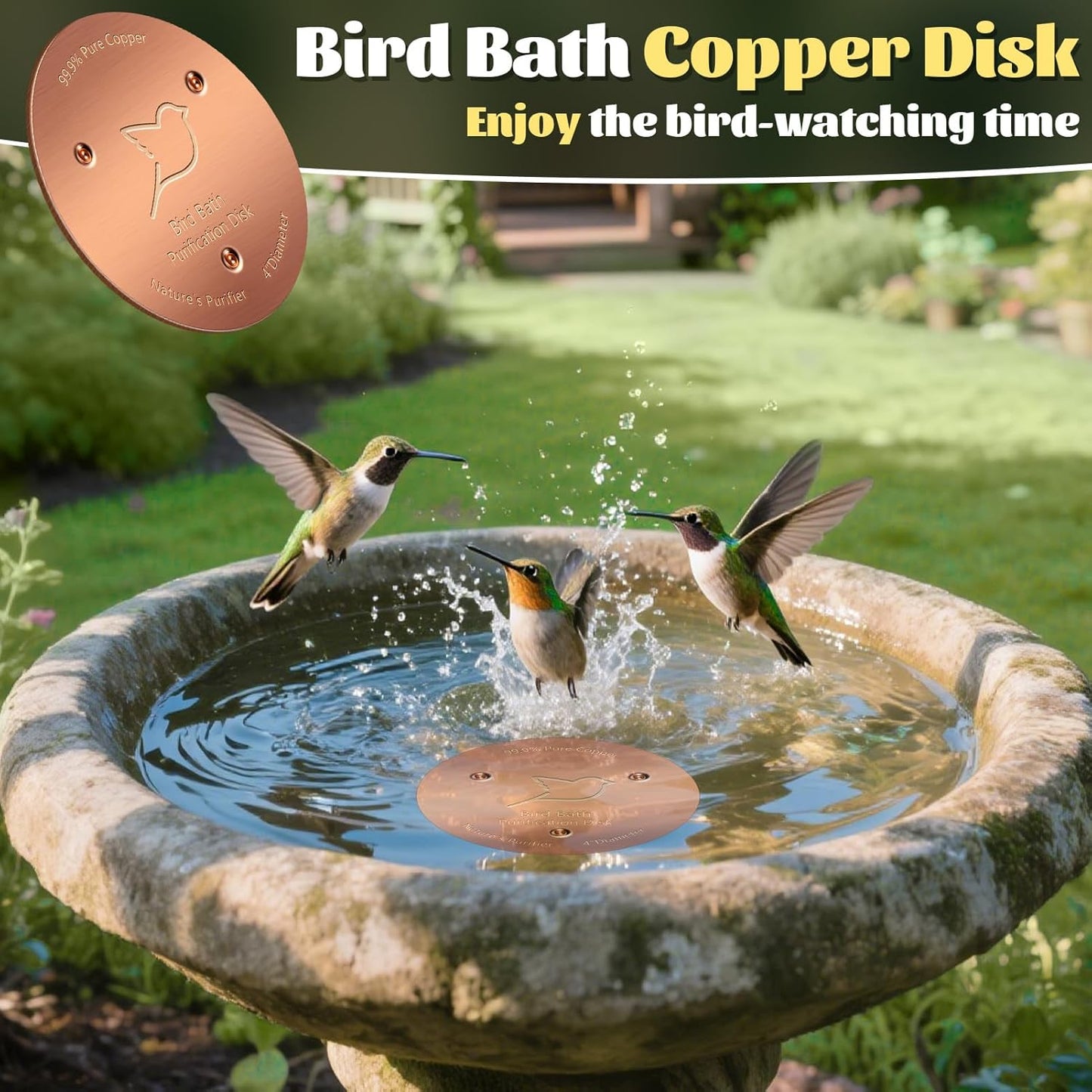 NNG 2 Pack Bird Bath Copper Disk,1mm Thick Reinforced 99.9% Pure Copper Bird Bath Purification Disk with Triple-Point Support,Physical Safe Water Cleaner for Outdoor Birdbaths Bowls,All-Season Use