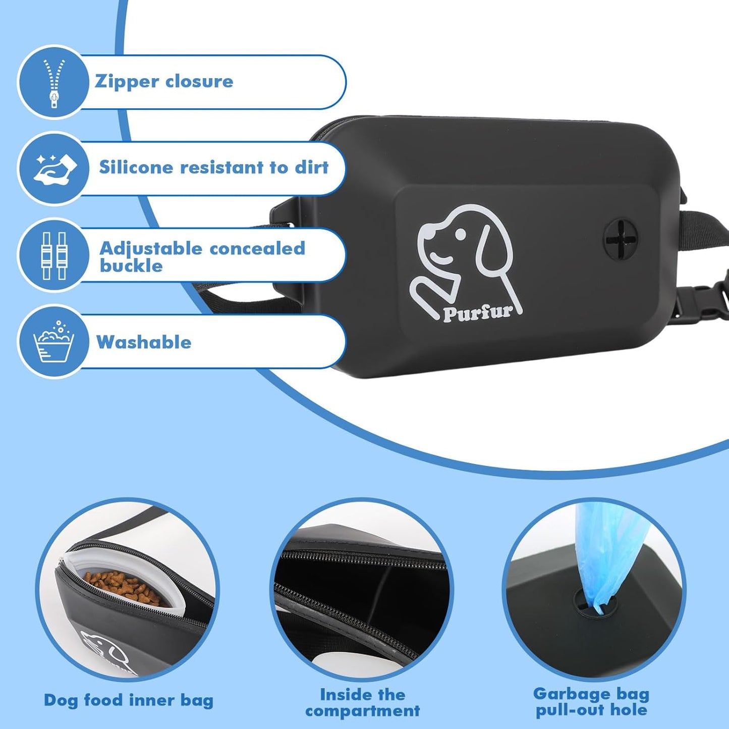 Dog Treat Pouch with Clicker & Poop Bag Holder – Waterproof Silicone, Adjustable Waist Belt for Training & Walking – Puppy Treat Pouch for Pet Training (Black)