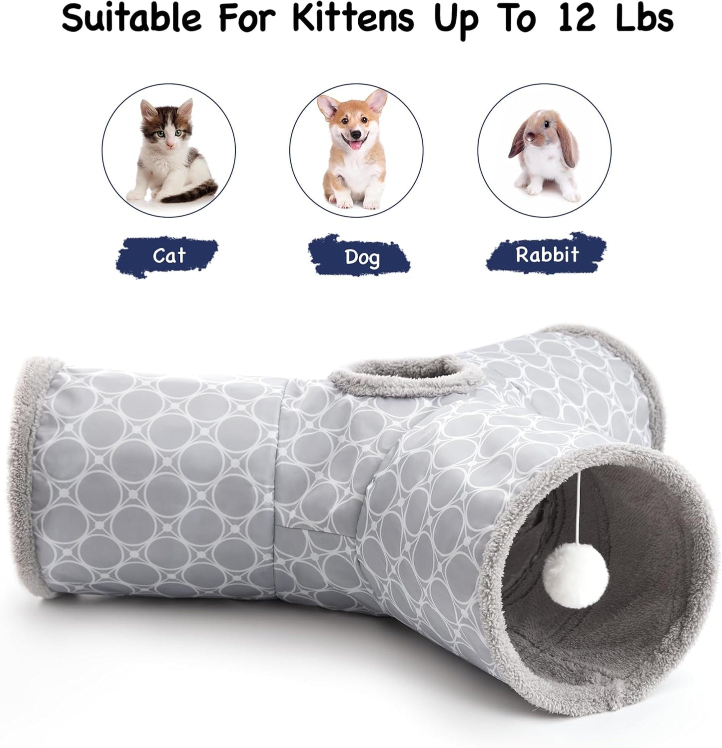 Tempcore Pet Cat Tunnel Tube Cat Toys 3 Way Collapsible, Cat Tunnels for Indoor Cats Fleece-Lined in for Warmth，Kitty Tunnel Bored Pet Toys Peek Hole Toy Ball Cat, Puppy, Kitten, Geometry Grey