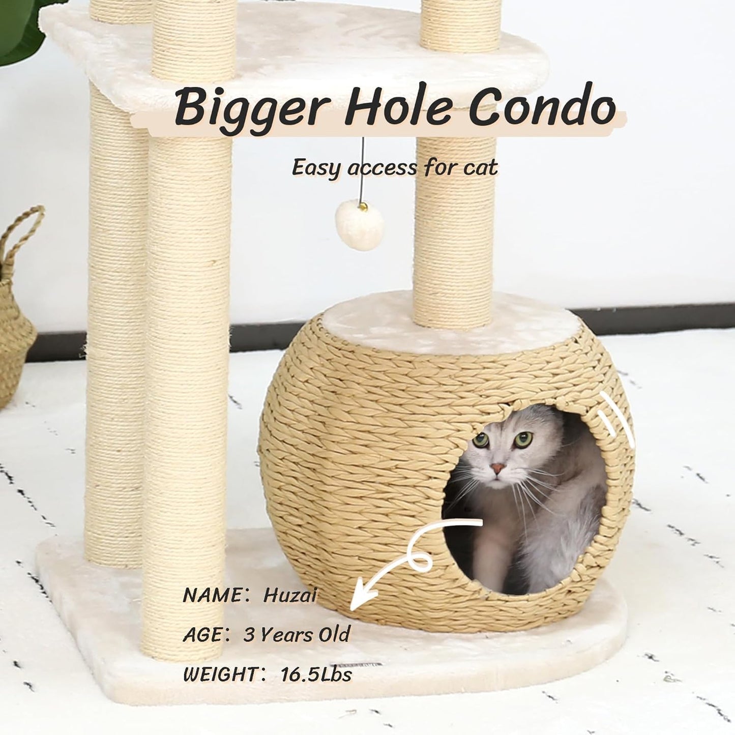 KAMABOKO Modern Cat Tree, 53" Cat Tower for Indoor Cats Natural Sisal Scratching Posts, Hand-Woven Condo & Top Perch, Cat Tree Tower for Kittens Climb Play & Rest