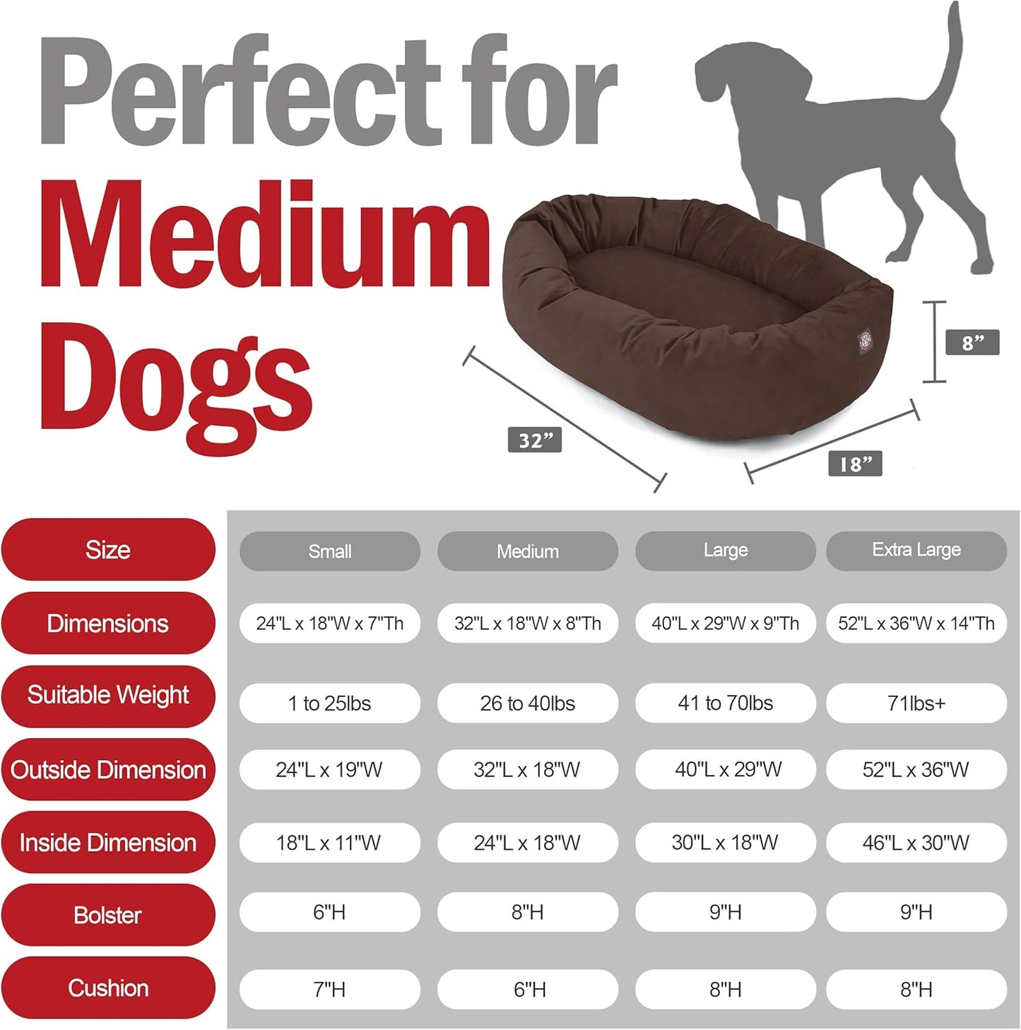 Majestic Pet 32 Inch Suede Shredded Memory Foam Mix Calming Medium Dog Bed Washable 32x23x7 (Inch) - Cozy Soft Round Donut Dog Bed with Spine for Head Support - Pet Bed Chocolate