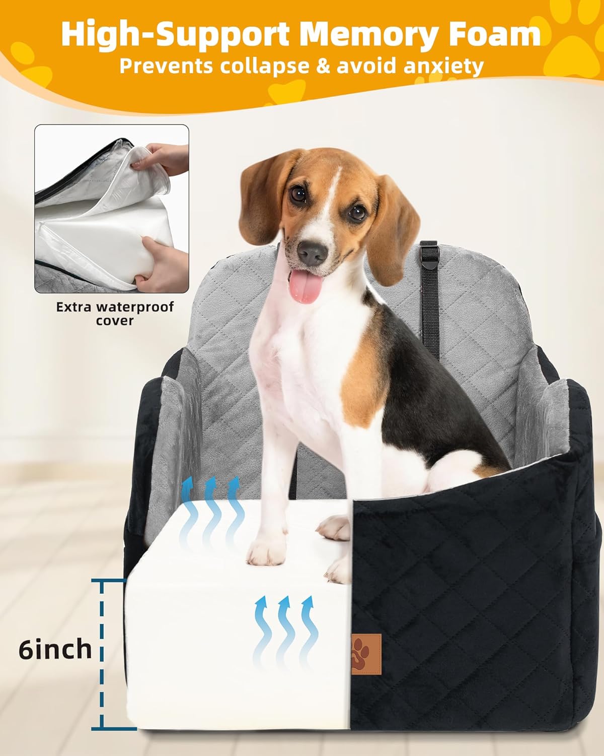 Car Seat Booster for Dog: High-Support Memory Foam Pet Car Seat for Small/Medium Dogs Under 35lbs with Elevated Cushion, Pockets - Detachable Washable Puppy Travel Bed for Driving(Black/Grey)