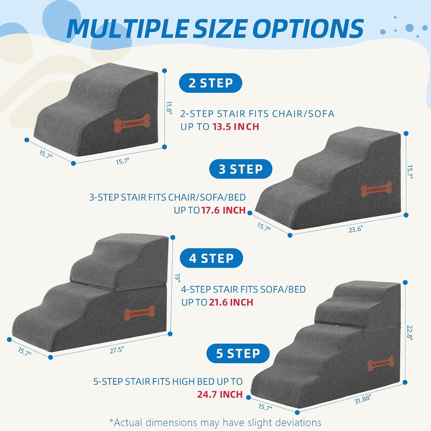 Dog Stairs for Small Dogs and Cats, 2 Steps Pet Stairs to Get on Couch Sofa and Chair, Indoor Non-Slip Balanced Portable Pet Step, High-Density Foam Ramp with Removable Washable Cover, Grey（11.8" H）
