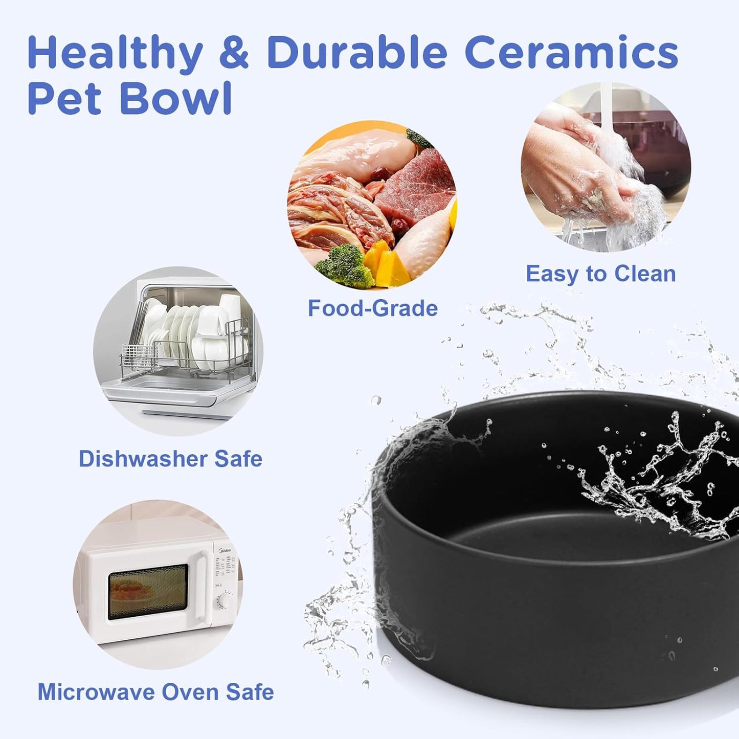 SPUNKYJUNKY Elevated Dog Bowls Ceramic, 5.1'' Dogs and Cat Food Water Bowls Raised with Non-Slip Bamboo Stand for Puppy Small Sized Breed Microwave Dishwasher Safe - 13.5 OZ,Black