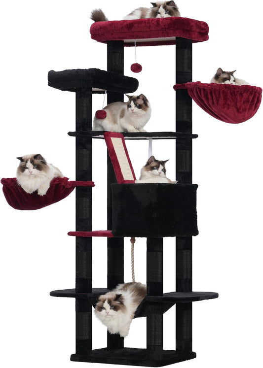 Heybly Cat Tree, 68 inch Multi-Level Cat Tower for Indoor Cats, 2 Widened Plush Perches Cat Condo with Scratching Board and Big Caves, Black and Red HCT025BR